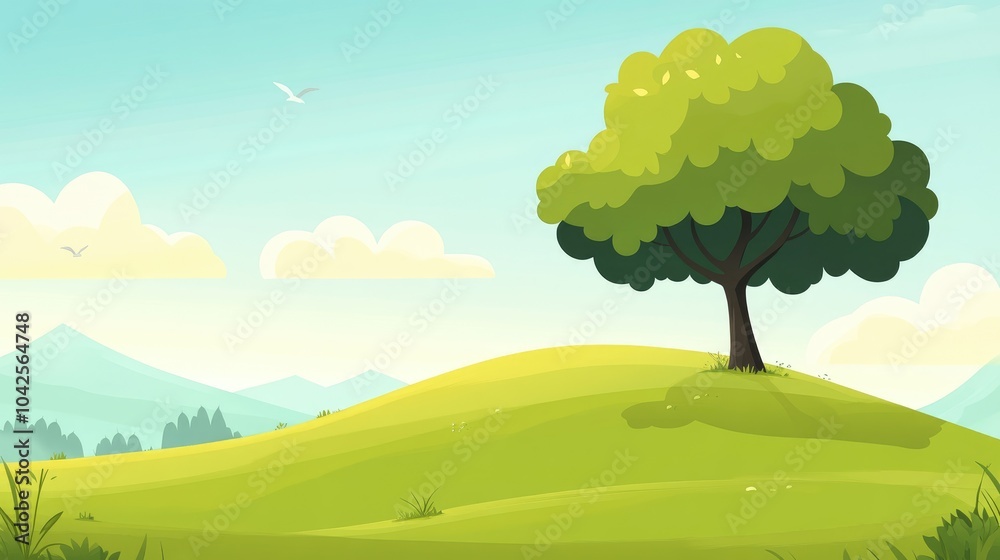 A Lush Green Hilltop with a Single Tree and Birds Flying in the Sky A Lush Green Hilltop with a Single Tree and Birds Flying in the Sky