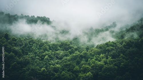 A misty forest landscape with lush greenery and fog enveloping the trees.