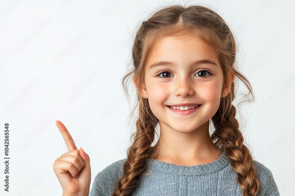 A young girl with braids smiles and points her finger upwards against a white background. A young girl with braids smiles and points her finger upwards against a white background.