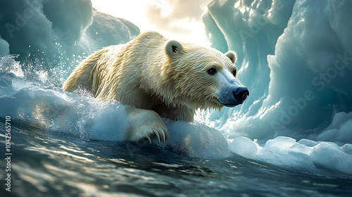 Polar bear navigating icy w...
