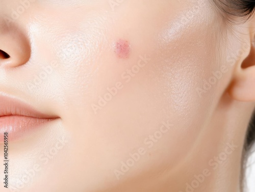 Extreme close-up of skin with acne scars on one side and smooth poreless texture on the other, before and after comparison, soft focus