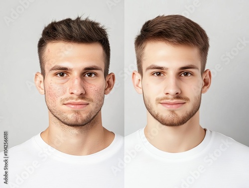 Male face acne transformation, from rough textured skin to smooth radiant complexion, highlighted in even soft lighting