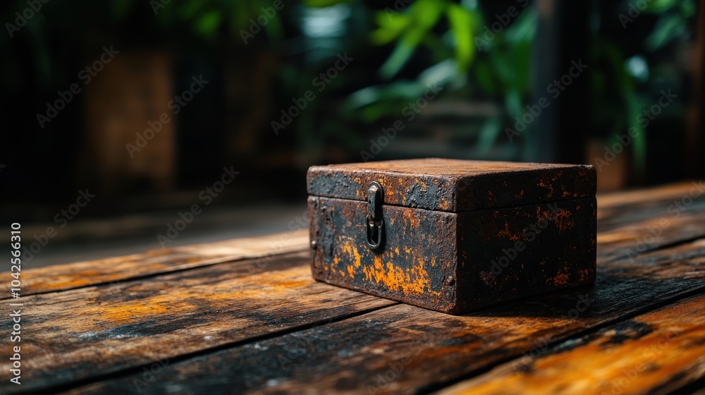 Rustic wooden box on a tabletop, surrounded by greenery, warm lighting. Rustic wooden box on a tabletop, surrounded by greenery, warm lighting.