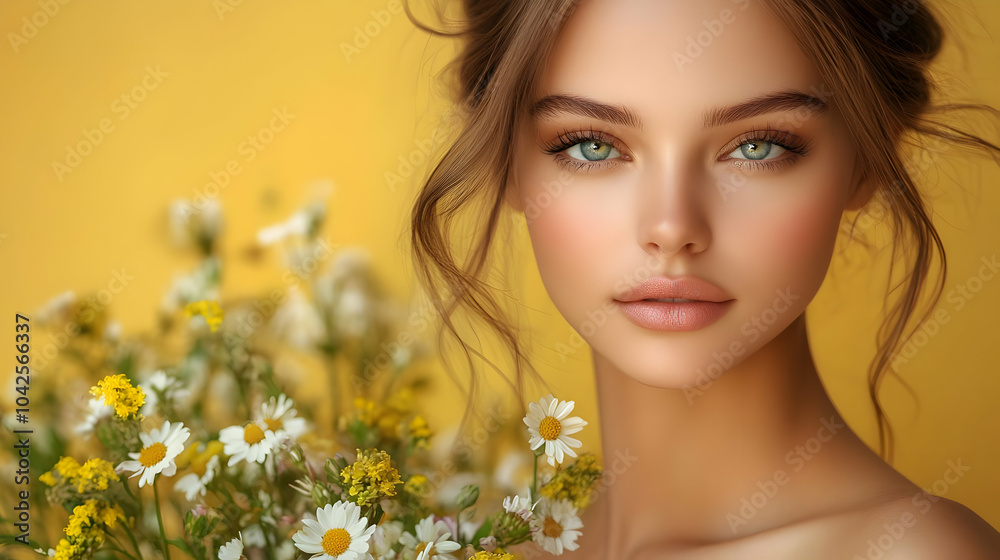 Beautiful Woman with Flowers in Hair, Yellow Background
