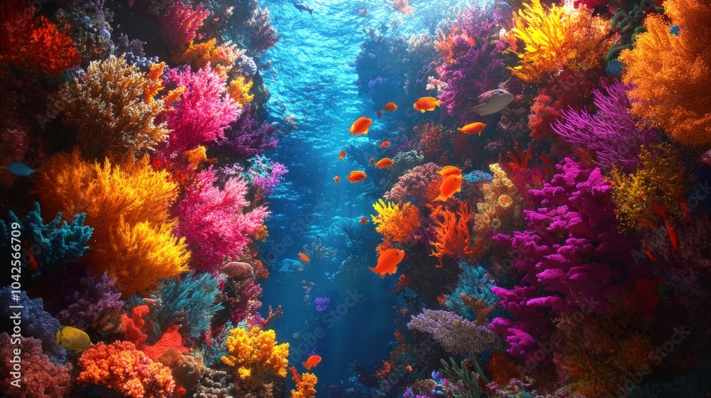 Vibrant coral reef teeming with life, illuminated by sunlight.