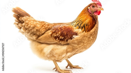 A brown chicken standing on a white background, showcasing its feathers and features. photo