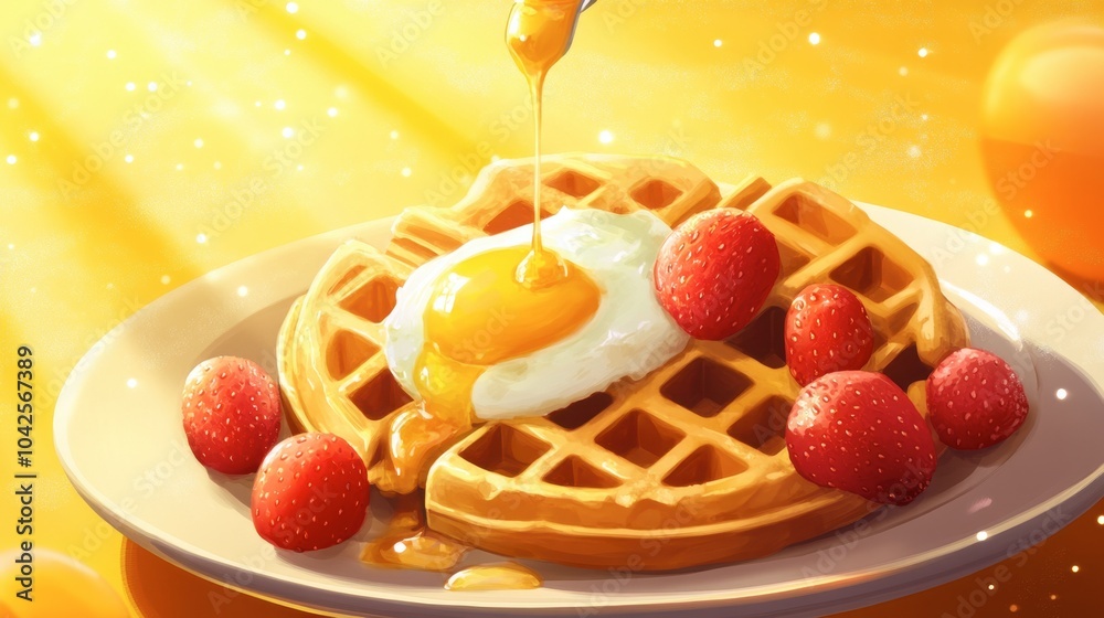 Vibrant Breakfast Scene with Waffles and Eggs Vibrant Breakfast Scene with Waffles and Eggs