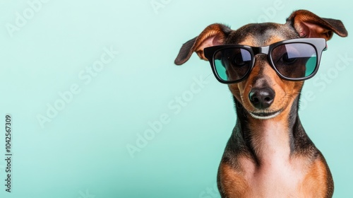 A stylish dog wearing sunglasses against a mint green background.