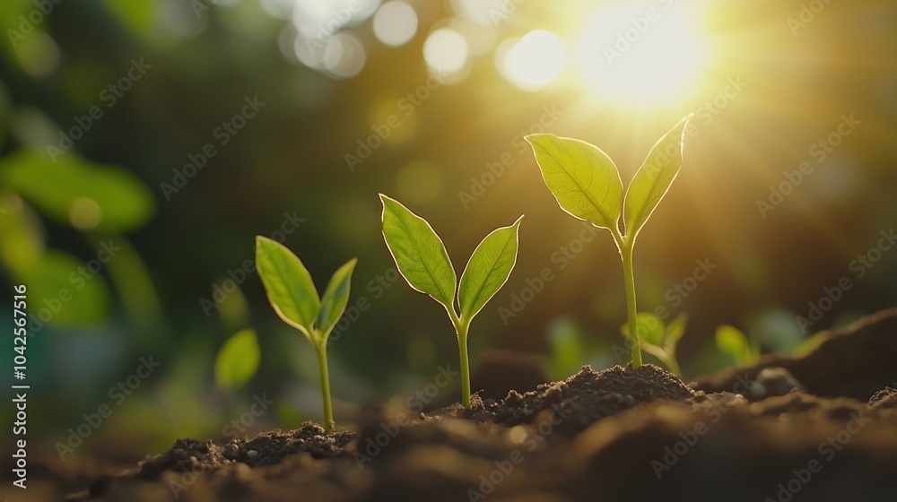 Young seedlings emerge from soil, illuminated by sunlight, symbolizing growth and renewal. Young seedlings emerge from soil, illuminated by sunlight, symbolizing growth and renewal.