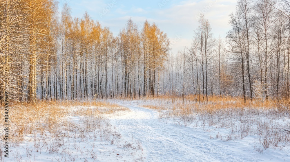 A serene winter landscape with snow-covered trees and a winding path. A serene winter landscape with snow-covered trees and a winding path.