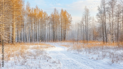 A serene winter landscape with snow-covered trees and a winding path.