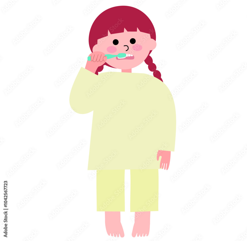 パジャマを着て一生懸命歯磨きをする幼い女の子の全身のイラスト パジャマを着て一生懸命歯磨きをする幼い女の子の全身のイラスト
