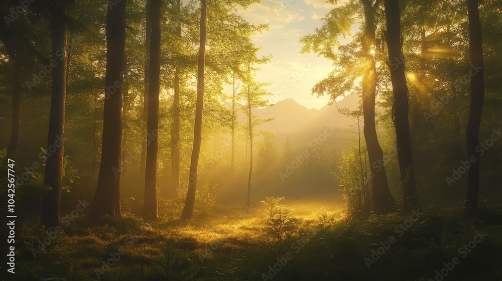 Obraz premium As the sun dips low, golden light filters through the tall pines, illuminating a carpet of golden leaves and casting enchanting shadows across the serene forest floor.