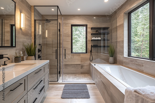 Modern bathroom with a walk-in shower, sleek fixtures, and minimalist design. photo