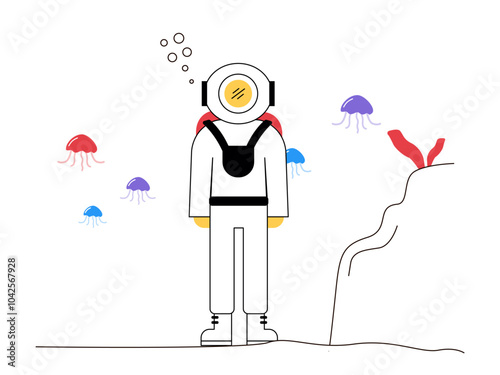 Diver in underwater. Diving illustration. Flat vector illustration