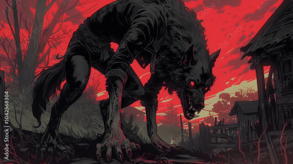 Obraz premium Illustration of the werewolf arriving in town on Halloween