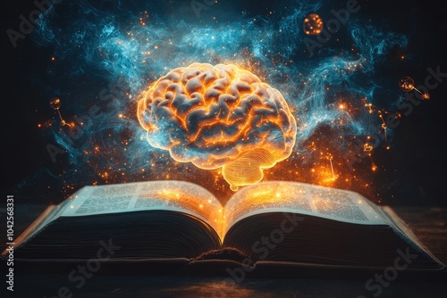 Mental connection: brain floating above a book, vital role of reading in fostering education, stimulating thought, nurturing ideas that contribute to cognitive growth, intellectual development.