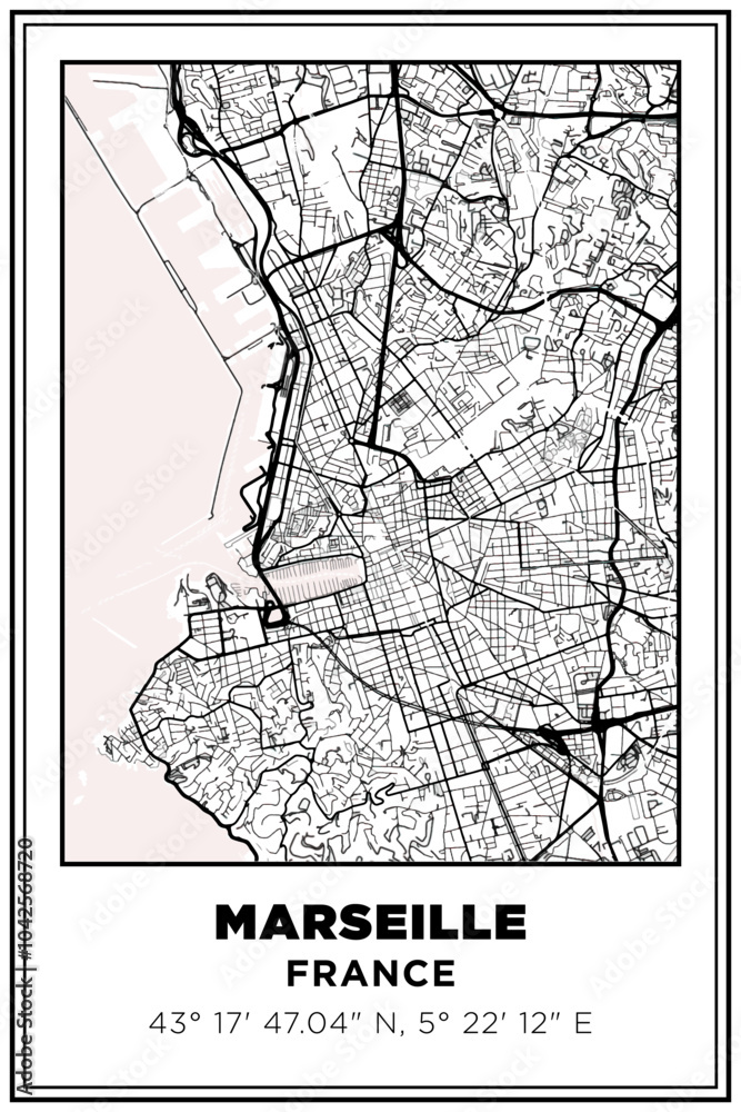 Obraz premium Black and white printable Street map art Marseille city, France. Travel poster with coordinates, poster design, Modern Poster Wall Art Home Decor Ready to Printable