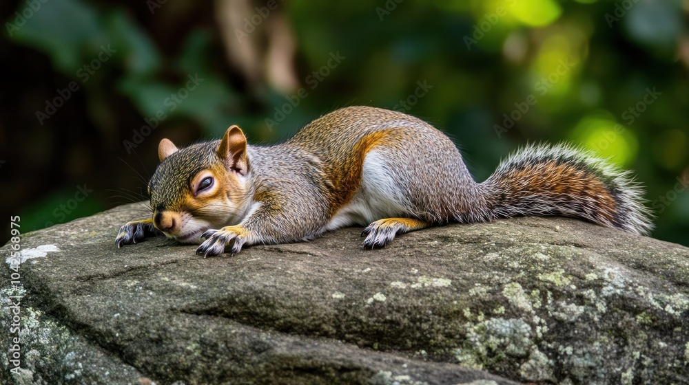 A resting squirrel sprawled on a rock in a natural setting. A resting squirrel sprawled on a rock in a natural setting.