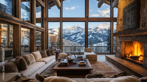 Rustic yet refined alpine chalet: warm glow from a fireplace, large windows framing snow-capped peaks, blending modern design with cozy comfort.