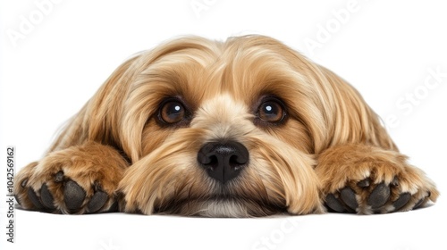 A cute dog resting its head on its paws, looking curiously at the viewer.