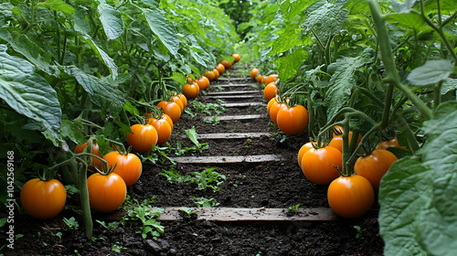 A row of orange pumpkins gr...