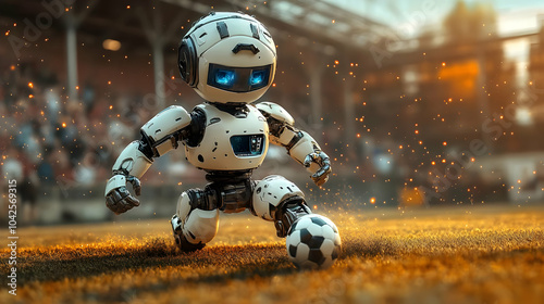 A robot playing soccer on a field with spectators in the background.