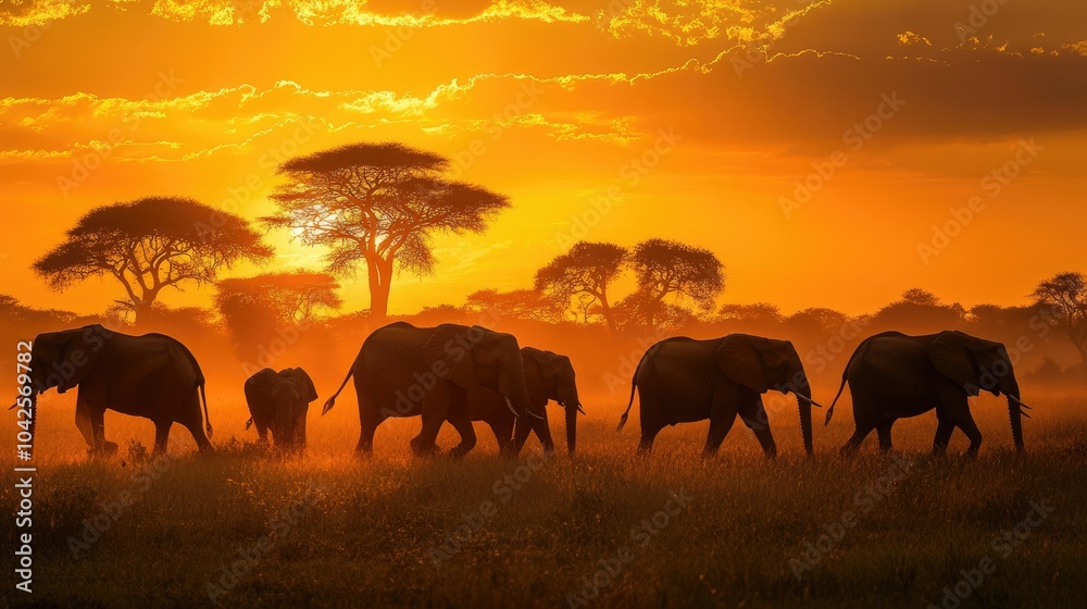 Obraz premium Silhouetted elephant herd walking through the African savanna at sunset, golden skies and acacia trees in the distance