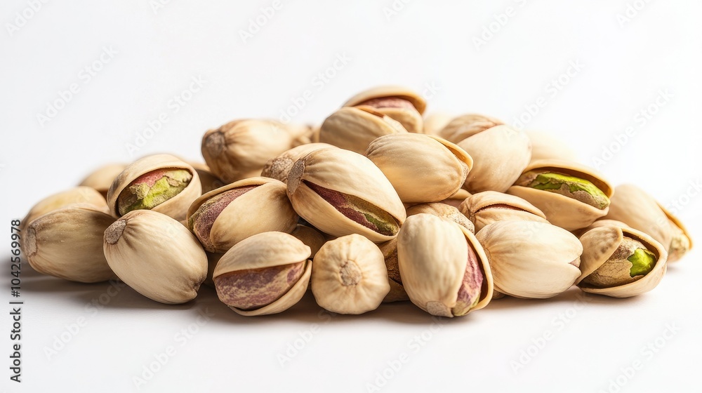 Simple composition of unshelled pistachios in a heap, set against a white backdrop for a clean and minimalist look Simple composition of unshelled pistachios in a heap, set against a white backdrop for a clean and minimalist look