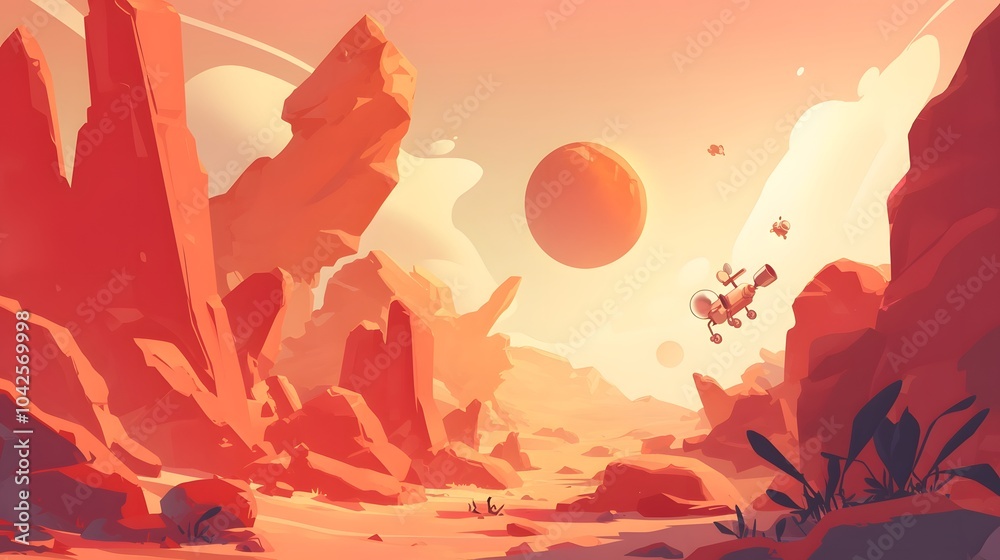 2D cartoon-style Mars, illustrated with red rocks, playful alien characters bouncing around, and a cute rover exploring its surface under a bright pink sky.