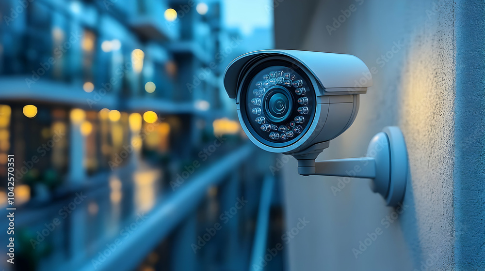 Security camera mounted on a wall, overlooking a modern building. Security camera mounted on a wall, overlooking a modern building.