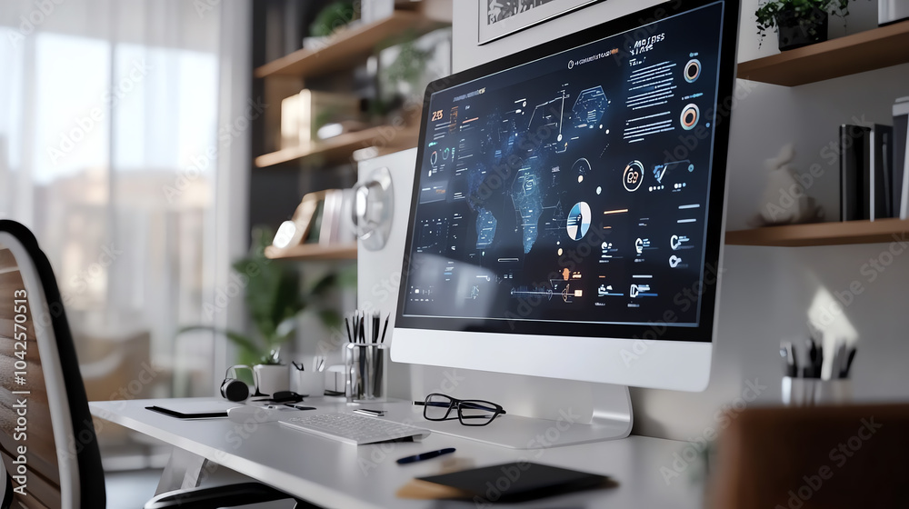 Modern workspace with advanced technology interface and productivity tools for creative professionals