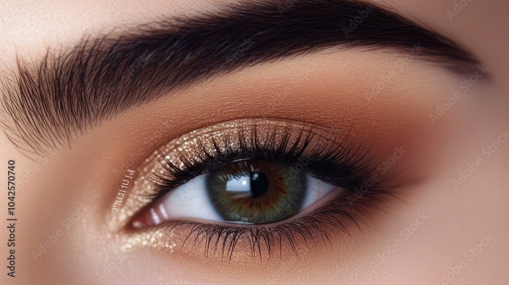 Obraz premium Stunning close-up of a female eye with natural makeup, perfectly shaped brows and a subtle shimmer accentuating the fashion beauty.