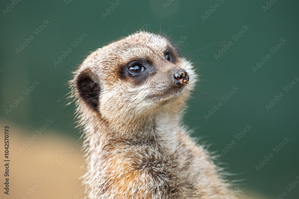 Fototapeta premium Meerkat on guard close up green background 