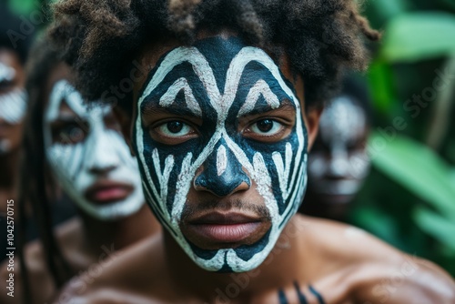 A young man with black and white face paint stares intently at the camera, surrounded by others with similar markings. photo