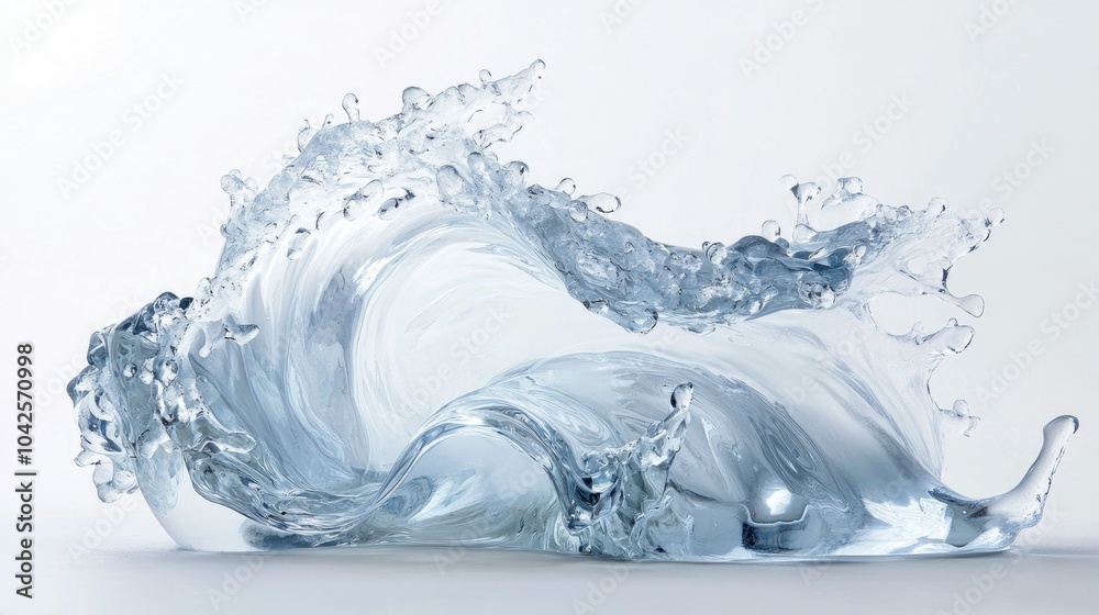 Suspended droplets and swirling waves form a frozen aqua sculpture, beautifully captured against a pure white background. Suspended droplets and swirling waves form a frozen aqua sculpture, beautifully captured against a pure white background.