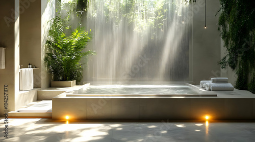 Serene indoor spa with a tr...