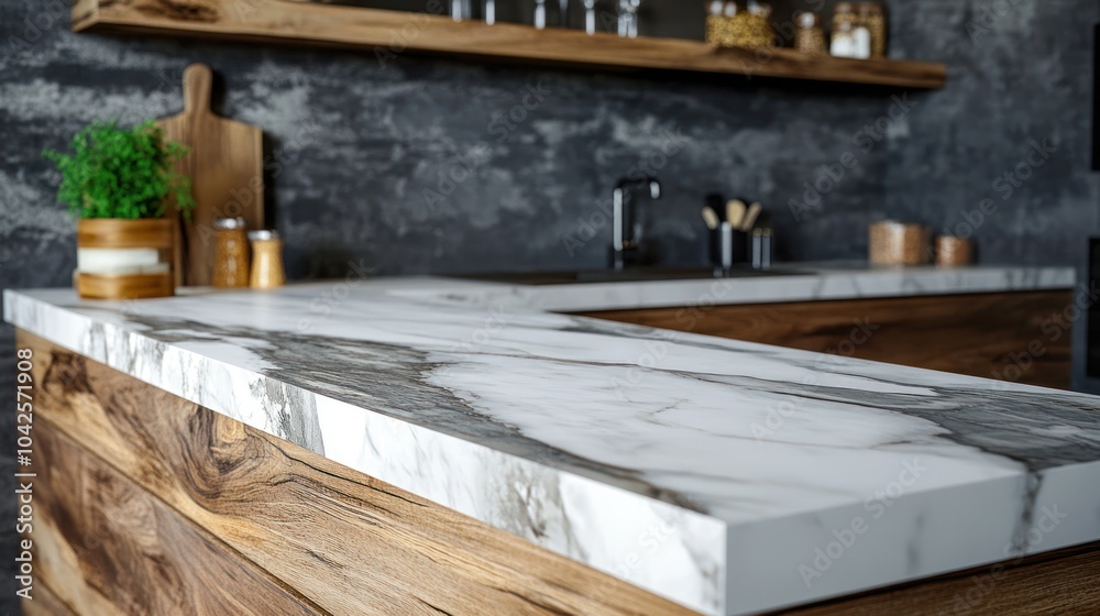 Modern kitchen with a marble countertop and wooden accents, showcasing a stylish design. Modern kitchen with a marble countertop and wooden accents, showcasing a stylish design.