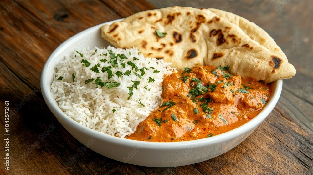 Vibrant chicken tikka masala, accompanied by basmati rice and naan, arranged on a rustic wooden background, capturing the essence of Indian flavors. Vibrant chicken tikka masala, accompanied by basmati rice and naan, arranged on a rustic wooden background, capturing the essence of Indian flavors.