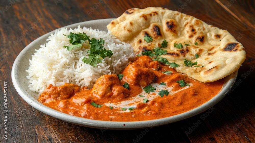 Vibrant chicken tikka masala, accompanied by basmati rice and naan, arranged on a rustic wooden background, capturing the essence of Indian flavors. Vibrant chicken tikka masala, accompanied by basmati rice and naan, arranged on a rustic wooden background, capturing the essence of Indian flavors.