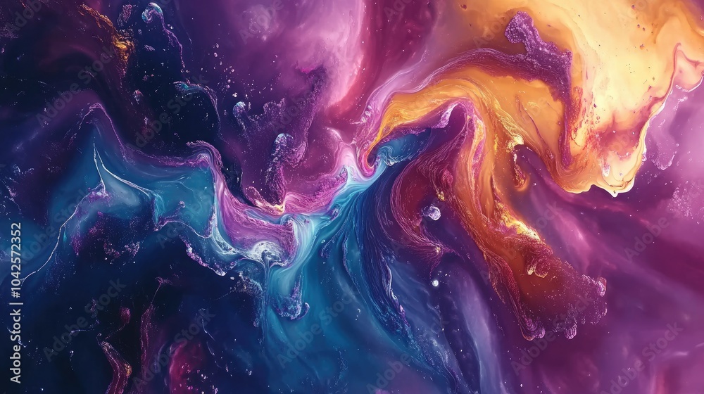 Naklejka premium Vibrant pigments swirl and intertwine on a fluid art canvas, creating a mesmerizing abstract design with flowing tendrils of color.