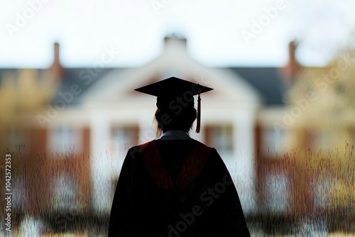 A graduate in cap and gown stands with their back to the camera, facing a blurred building that resembles an educational institution. with generative ai photo