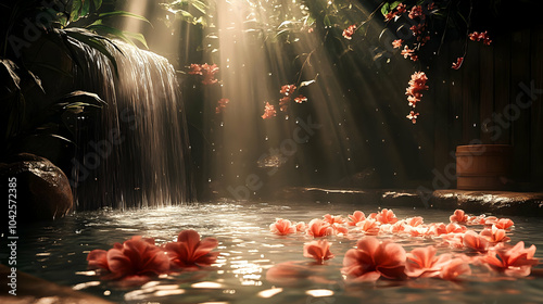 Serene waterfall with flowe...