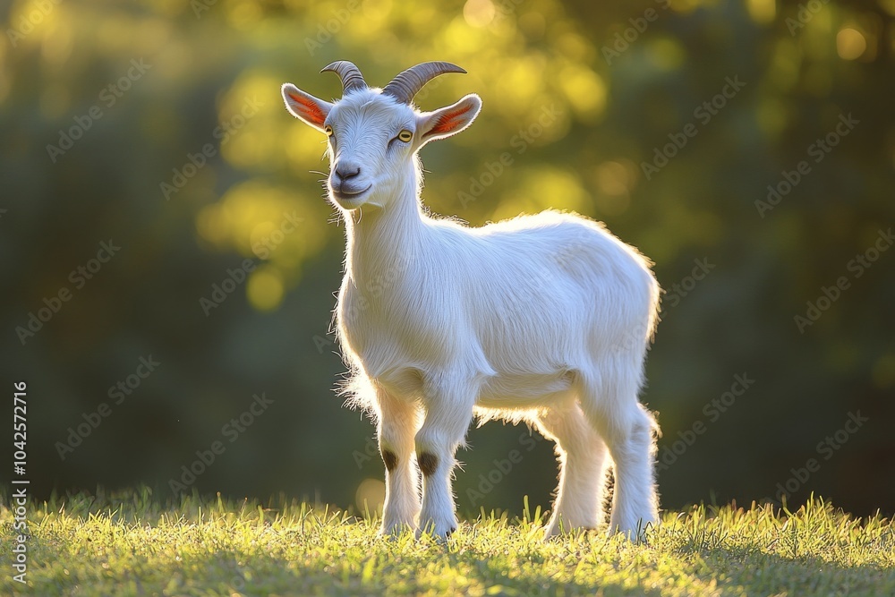 Fototapeta premium A young white goat stands in a grassy field with a golden sunset in the background.