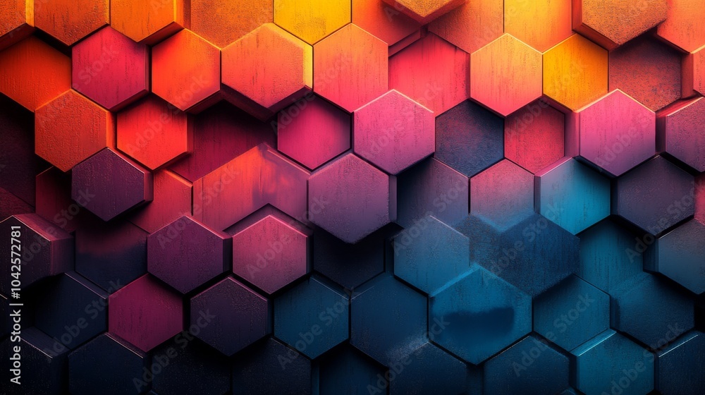 A striking array of hexagonal shapes showcases a vivid blend of warm and cool colors, providing a dynamic background suitable for various design applications. A striking array of hexagonal shapes showcases a vivid blend of warm and cool colors, providing a dynamic background suitable for various design applications.
