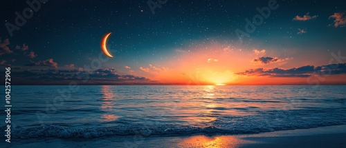 A Serene Sunset Over the Ocean with a Crescent Moon and Stars