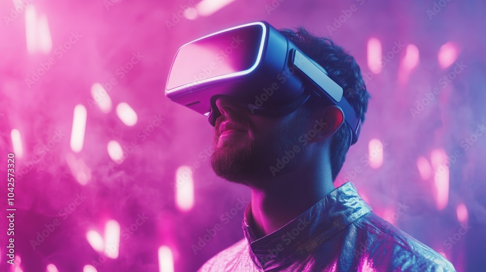 A person wearing a VR headset, immersed in a colorful, futuristic environment.