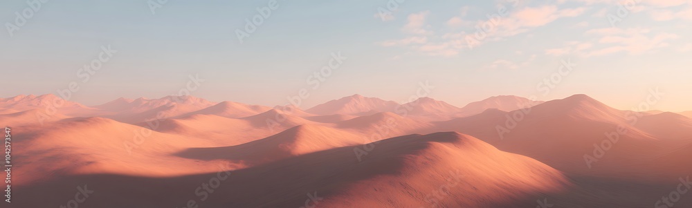 Naklejka premium A serene landscape of rolling sand dunes under a pastel sky, showcasing the beauty of nature and the tranquility of arid environments.