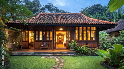 High-definition image of a cozy homestay cottage surrounded by lush greenery, with a traditional wooden design and a peaceful atmosphere.