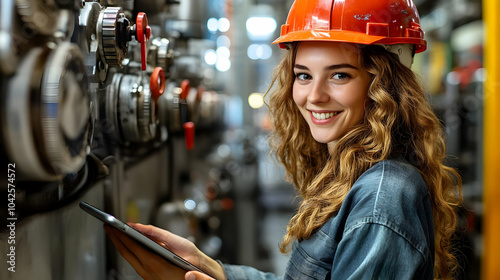 Young woman in a hard hat u...